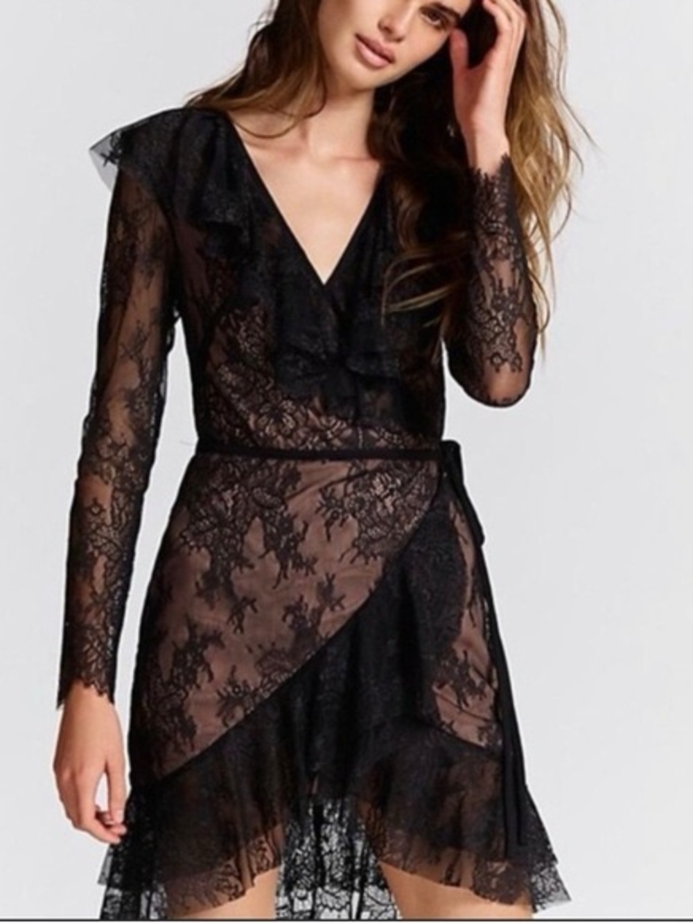 For Love & Lemons Black Lace Long Sleeve Wrap Dress XS